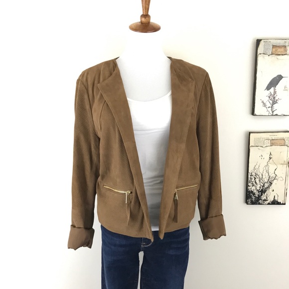 NEIMAN MARCUS Perforated open front Suede jacket L - Picture 2 of 8